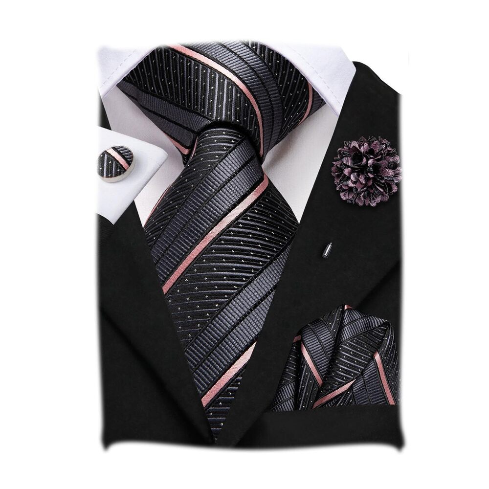 9383 Silk Ties Lapel Pin Handkerchief Cufflinks Set Striped/Paisley/Floral